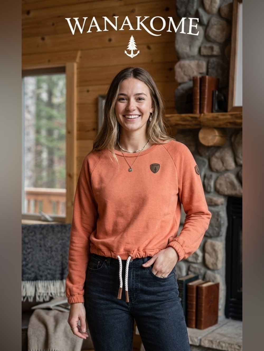 041-Wanakome Orange Cinch-Waist Pullover Sweatshirt